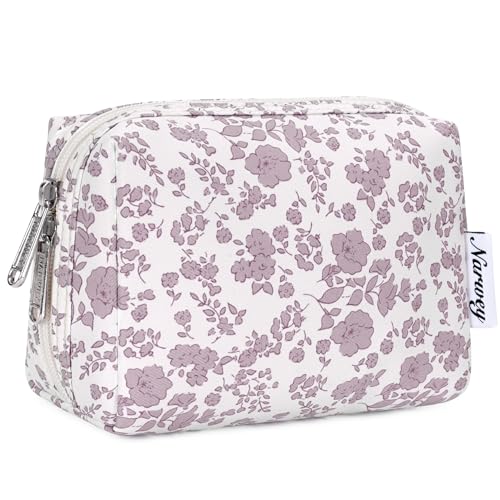 Narwey Small Cute Floral Makeup Bag for Purse Mini Cosmetic Bag Travel Makeup Pouch Zipper Pouch Cute Make up Bags with Compartments for Women Girls (Dusty Pink Flower, Small) - color: YA-Dusty Pink Flower, style: Small