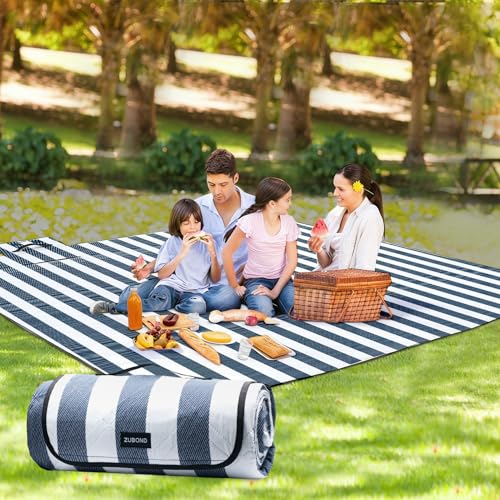 ZUBOND Picnic Blanket 80''x80'', Waterproof Sandproof Beach Outdoor Camping Mat Extra Large Foldable Gingham Big Travel Essential Accessories Gift Park Patio Lawn Garden Grass Ground Music Festival - color: Blue White, size: 80 x 80 Inch