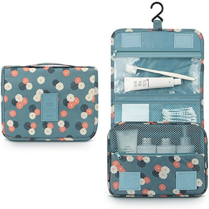 Mossio Hanging Toiletry Bag - Large Cosmetic Makeup Travel Organizer for Men & Women with Sturdy Hook - color: Blue Flowers
