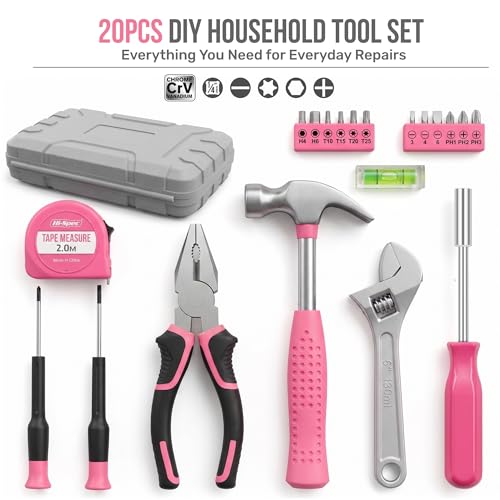 Hi-Spec Pink Tool Set 20-Piece. Ladies’ Starter Basic Hand Tools in a Compact Toolbox Case for Household and Office Repairs and Maintenance. - color: Light Pink