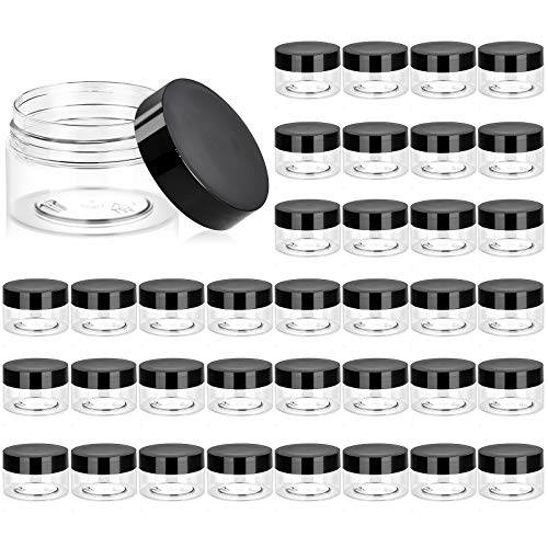Eternal Moment 36 Pack 1 OZ Plastic Jars Round Clear Cosmetic Container Jars with Lids, Perfect for Lotion, Cream, Ointments, Makeup, Eye Shadow, Rhinestone, Samples, Pot, Travel Storage - color: Black Lid, size: 1 Ounce