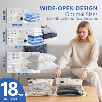 NESCCI Travel Vacuum Bags for Clothing with Rechargeable Wireless Air Pump,18 Pack Compression Seal Packing Bags for Luggage Suitcase,Carry-on Size Space Saver Vacuum Storage Bags - size: 18 Combo Size (Blue)