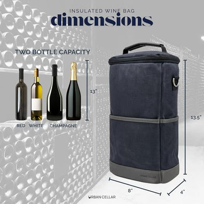 URBAN CELLAR Insulated Wine Carrier Tote - 2 Bottle Wine Cooler Bag with Ice Packs, 6+ Hour Cooling, Waterproof Waxed Canvas for Travel, Picnic, BYOB - Wine Gift