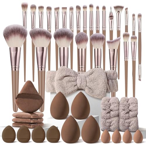 HGHDBT 44Pcs Brown Makeup Brushes Set Professional Makeup Kit Multi-functional Makeup Tool Set with Facial Makeup Accessories, Foundation Makeup Brush Kit Eye and Face Make up Brushes & Tools - color: Brown 30K
