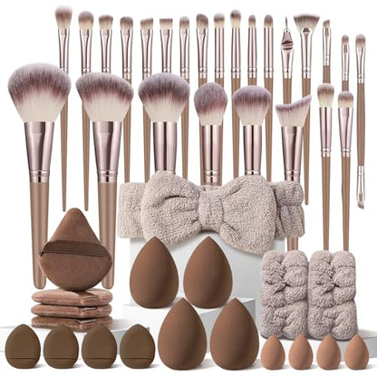 HGHDBT 44Pcs Brown Makeup Brushes Set Professional Makeup Kit Multi-functional Makeup Tool Set with Facial Makeup Accessories, Foundation Makeup Brush Kit Eye and Face Make up Brushes & Tools - color: Brown 30K