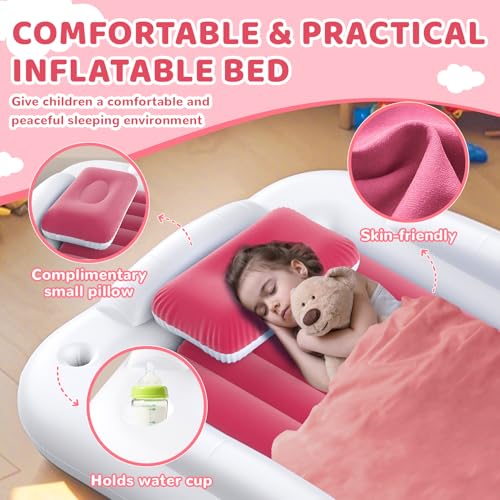 Inflatable Toddler Travel Bed - 60 Inches Portable Toddler Bed for Travel with Safety Sides - Cozy Kids Air Mattress Set with High-Speed Pump & Carry Case - Lightweight & Easy to Inflate(Pink) - color: Pink