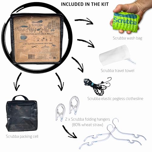 Scrubba Portable Wash Bag Kit (5 Pieces) – Hand Washing Machine System for Hotel, Hiking & Travel Wash – Light and Small Eco-friendly Camping Laundry Bag, Green, Regular Size