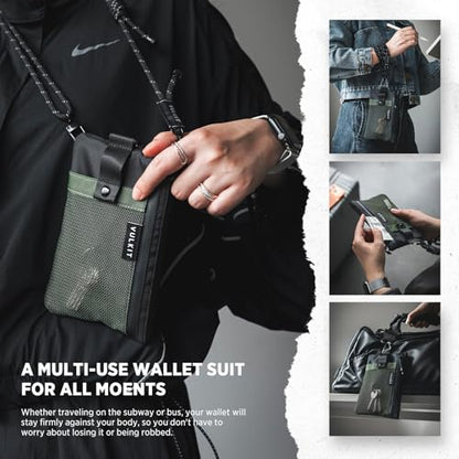 VULKIT RFID Blocking Travel Wallet for Men, Water Resistant Passport & Phone Holder with Detachable Lanyard and Key Ring, Lightweight Zipper Travel Wallet - color: Army Green Black