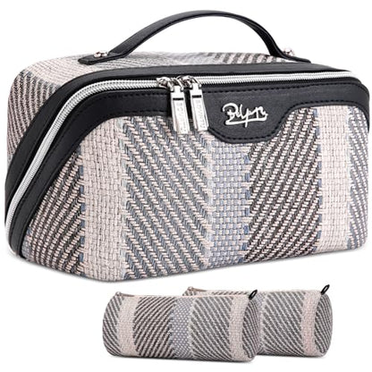 BOYATU Travel Makeup Bag Cosmetic Bag for Women: 3 Pcs Set Make up Bag with Compartments - Waterproof Vegan Leather Toiletry Bags with Handle - Makeup Organizer for Travel Essentials(C-4-Black) - color: C-4-Black