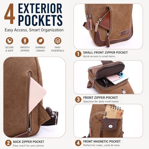 Canvas Sling Bag for Men Crossbody Chest Bag Casual Daypack Rucksack Small Crossbody Backpack with Adjustable Strap - color: Khaki