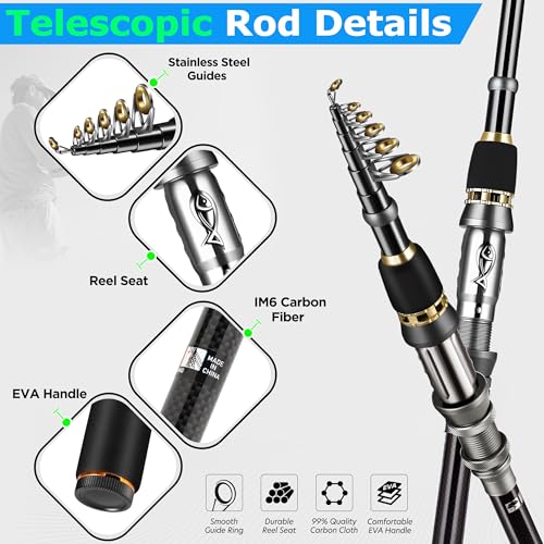 PLUSINNO Fishing Rod, Telescopic Fishing Rod and Reel Combo, Collapsible Travel Fishing Pole Rod Starter Kit, Carbon Fiber Fishing Rods and 12 +1 Bearings Stainless Steel, Fishing Gifts for Men Adults - color: Rod Combo & 137 Tackle Kit, size: 2.1m 6.89ft