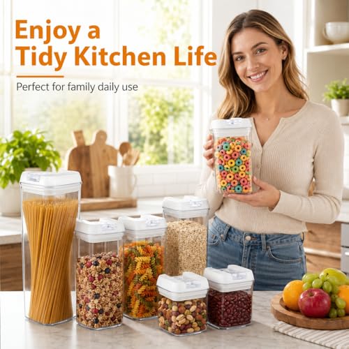 7-Piece Airtight Food Storage Containers with Lids, Clear Stackable Pantry Organization Set for Flour, Sugar, Cereal, Snacks and Kitchen Storage