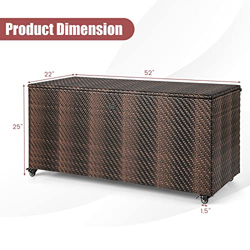 Tangkula 96 Gallon Deck Box, PE Wicker Outdoor Storage Box with 4 Wheels and Waterproof Liner, Outdoor Rectangular Storage Container for Cushions, Garden Tools (Mix Brown) - color: Mix Brown