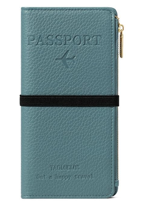 DOB SECHS Passport Holder for Travel Women RFID Blocking Leather Passport Wallet Travel Document Organizer Pouch Bag, Slim Passport Cover Case with Zipper Cash Pocket Purse+Card Slots+ID Window, Blue - color: Blue-9028