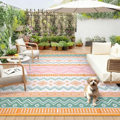 GarveeHome 9x12 Outdoor Area Rug Waterproof Plastic Straw Rug, Reversible RV Mat, Stain-Resistant Indoor Outdoor Carpet for Picnic, Deck, Balcony, Beach, Patio Yellow/Green/Gray/White - color: Yellow/Rose/Green/White, size: 9' x 12' (Rectangular)