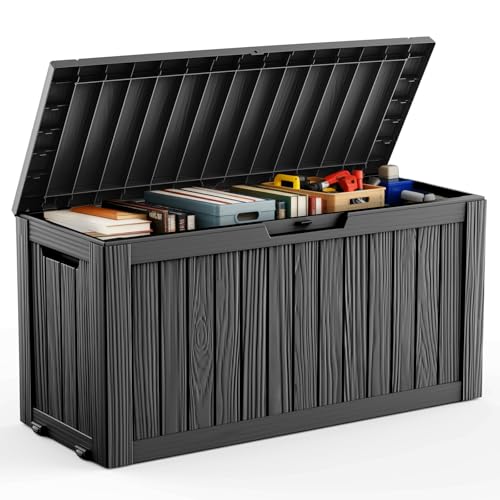 DRATO 75 Gallon Deck Box, Waterproof Resin Large Outdoor Storgae Box for Patio Furniture, Patio Cushions, Gardening Tools, Pool Supplies, Lockable (Black, 75 Gallon) - color: Black, size: 75 Gallon