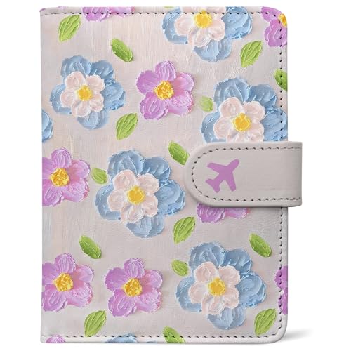 Passport Holder, Travel Wallet Cover with Pen Loop | Cute RFID Blocking Leather Case with Magnetic Closure for Travel Essentials-Flower - color: E-Texture