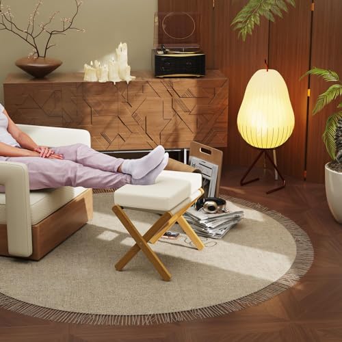 BAMBOOHOMIE Foldable Foot Stool Ottoman, Modern Foot Rest with Bamboo X Legs & Thick Foam Cushion, Folding Foot Stools Small Padded for Bedroom Living Room, Footstool for Chair Couch (Natural - Beige) - color: Natural - Beige