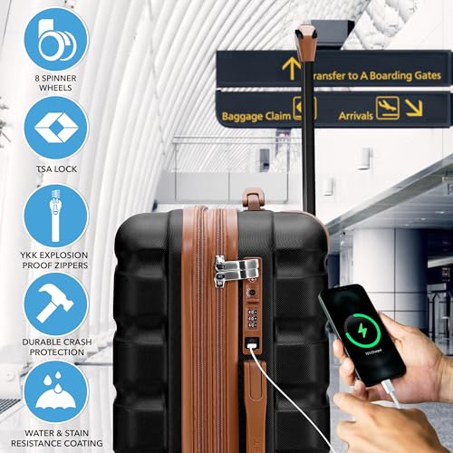 Flight Knight 22x18x10 Expandable Carry On Suitcase Hardside TSA Lock & USB C Port Lightweight Luggage Silent Double Spinner Wheels Maximum Spirit Overhead Carry-On Bag Airlines Approved Black - color: Black/Tan, size: 22x18x10"