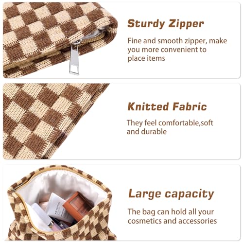 ZLFSRQ 2Pcs Checkered Makeup Bag for Women Large Small Checkered Cosmetic Bag Set Aesthetic Preppy Pencil Case Cute Pencil Pouch Brown Makeup Pouch for Purse Travel Toiletry Bags Zipper Skincare Bags - color: B-Checkered 2Pcs Mix Brown