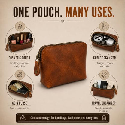Full Grain Leather Cosmetic Bag – Zippered Makeup Pouch for Women, Small Travel Toiletry & Organizer Pouch for Purse, Premium Handmade Leather (5 × 4 × 2.5 in) - color: Tan