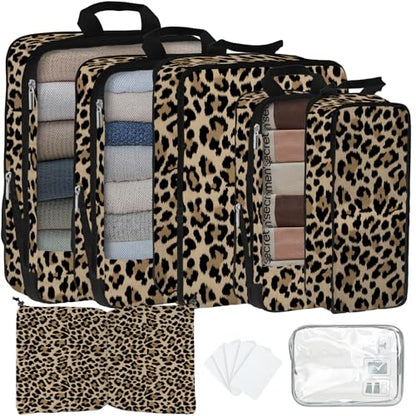 7 Pcs Compression Packing Cubes for Travel, Waterproof Suitcase Luggage Backpack Organizer with Toiletry Bag Travel Essentials for Women/Men-Leopard - color: Brown-Leopard