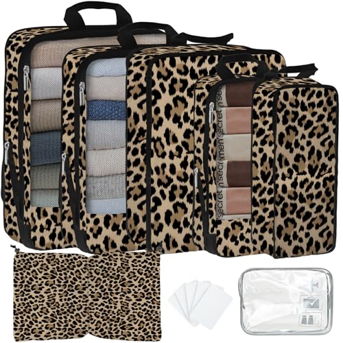 7 Pcs Compression Packing Cubes for Travel, Waterproof Suitcase Luggage Backpack Organizer with Toiletry Bag Travel Essentials for Women/Men-Leopard - color: Brown-Leopard