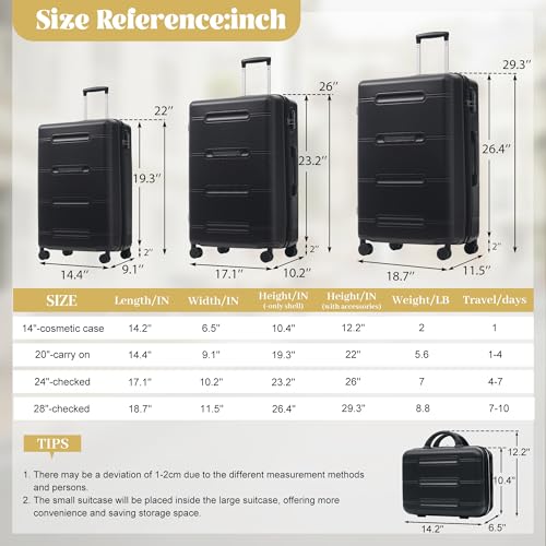 Merax Luggage Set 6 Piece,Lightweight Hardshell Suitcase with Double Spinner Wheels Handle Password Lock,14 IN Cosmetic Case 20/24/28 IN Luggages with Duffel Bag and Toiletry Bag,Black - color: Black, style: 14+20+24+28+bags
