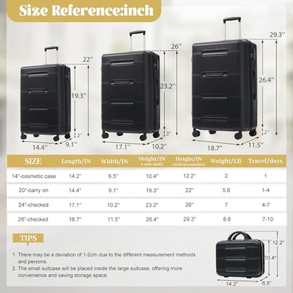Merax Luggage Set 6 Piece,Lightweight Hardshell Suitcase with Double Spinner Wheels Handle Password Lock,14 IN Cosmetic Case 20/24/28 IN Luggages with Duffel Bag and Toiletry Bag,Black - color: Black, style: 14+20+24+28+bags