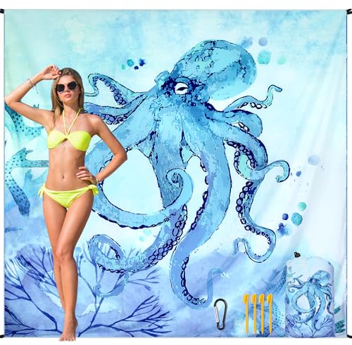 HIHOHO Beach Blanket Waterproof Sandproof Beach Mat for 1-8 Adults Quick Drying Durable Outdoor Picnic Mat for Beach Festival Travel Camping Hiking (BL-Octopus, 79"×83"(4 Person)) - color: Bl-octopus, size: 6'11" x 6'7"