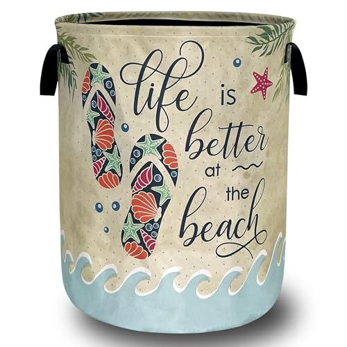 Funny Beach Laundry Basket Oxford Cloth Colorful Hawaii Laundry Hamper With Handle Foldable Portable Clothes Storage Basket Ocean Laundry Bag 18.9"x16.5" For Laundry Room/Bedroom/Bathrooms - color: Funny The Beach