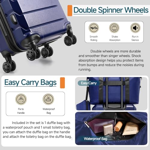 Hoteel Luggage Sets 3 Piece, 4-Yr Warranty, PC+ABS Suitcases with Wheels and Side Hook, Hardshell 20 inch Luggage with Duffel Bag Travel Bag, Dark Blue - color: Dark Blue, size: 3 Piece Set (20/DB/TB)