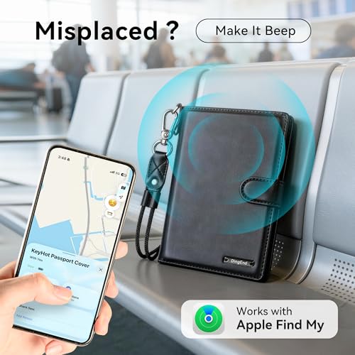 Passport Holder for Travel, RFID Blocking Card Wallet, Apple MFi Certified Smart Passport Cover Works with Find My, Rechargeable Travel Wallet with Lanyard, PU Leather, Black - color: Black, size: Find My-A