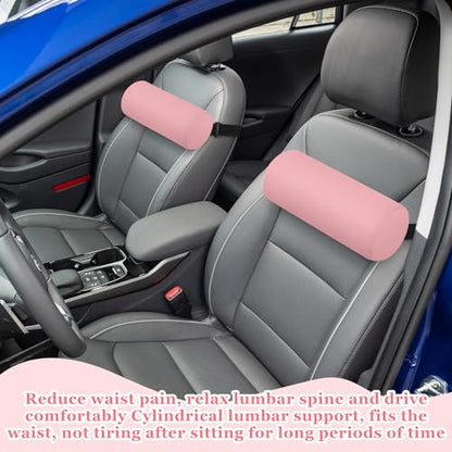 Wenqik 2 Pcs Lumbar Roll Support Pillow Low Back Lumbar Support Office Seat Cushion with Adjustable Strap and Washable Cover for Travel Gaming Chair Car Seat Pain Relief(Pink) - color: Pink