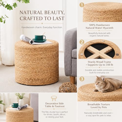 Wimarsbon 18'' Pouf Ottoman, Natural Braided Poof, Round Poufs, Rustic Handweave Lounge Pouffe, Boho Footrest Stool for Bedroom, Accent Table or Seat for Patio, Living Room - color: 18inch Natural Water Hyacinth Braid