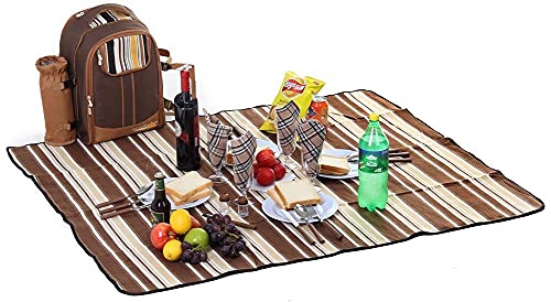 Hap Tim Picnic Backpack Bag for 4 Person with Cooler Compartment, Detachable Bottle/Wine Holder, Fleece Blanket, Plates and Cutlery Set Perfect for Outdoor, Sports, Hiking, Camping, BBQs(Coffee) - color: Coffee, size: 4 person