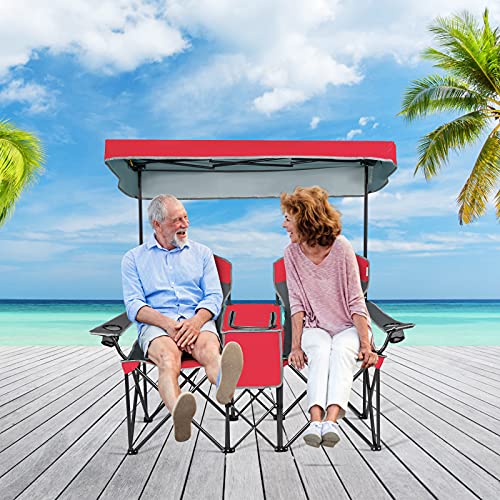 S AFSTAR Double Camping Chair w/Shade Canopy, 2-Person Folding Camp and Beach Chair with Mini Table Beverage Cup Holder Carrying Bag, Collapsible Camping Chairs for Garden Patio Pool Beach - color: Red