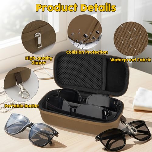 Double Eyeglasses Case,Hard Shell Glasses Case Travel Sunglasses Organizer with Adjustable Slot & Clip for Men Women - color: Brown