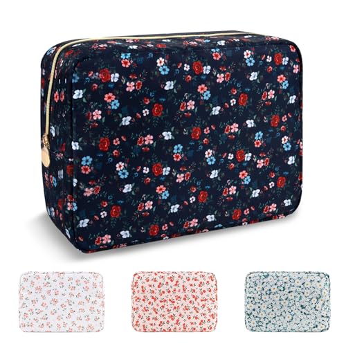 UIXIZQ Waterproof Large Floral Makeup Pouch,Nylon Travel Toiletry Storage Purse Preppy Cosmetic Bag for Women Girl,Large Capacity Makeup Organizer Zipper Pouch for Work(L Black-Flowers) - color: Black-Flowers, size: Large