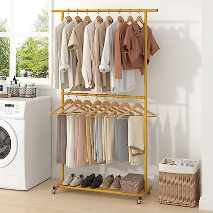 Sywhitta Double Rod Clothing Garment Rack, Rolling Coat Hanger with Bottom Mesh, Clothing Rack for Hanging Clothes, Coats, Skirts, Sweaters, Gold - color: Gold, size: With mesh