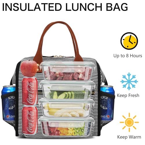LOKASS Lunch Bag Insulated Lunch Box Wide-Open Lunch Tote Bag with Removable Shoulder Strap for Women/Men Adults Work Picnic Beach Travel(Stripes) - color: Thin Stripe