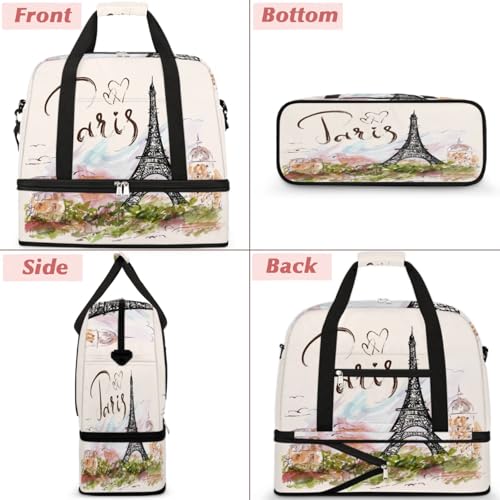 Paris Eiffel Tower Foldable Travel Duffel Bag, Expandable Sports Gym Bag with Shoes Compartment Weekender Overnight Totes Bags for Women Men - color: Paris Eiffel Tower