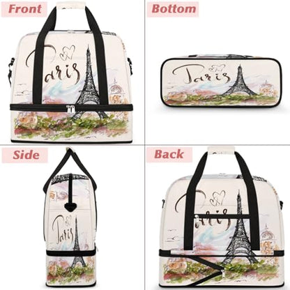 Paris Eiffel Tower Foldable Travel Duffel Bag, Expandable Sports Gym Bag with Shoes Compartment Weekender Overnight Totes Bags for Women Men - color: Paris Eiffel Tower