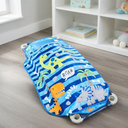 EVERYDAY KIDS Cute Preschooler and Toddler Cot Nap Mat for Home, Daycare, Preschool and Kindergarten; Easy to Roll Sleeping Mat with Elastic Straps, Pillow and Blanket - color: Dinosaur Cot Nap Mat