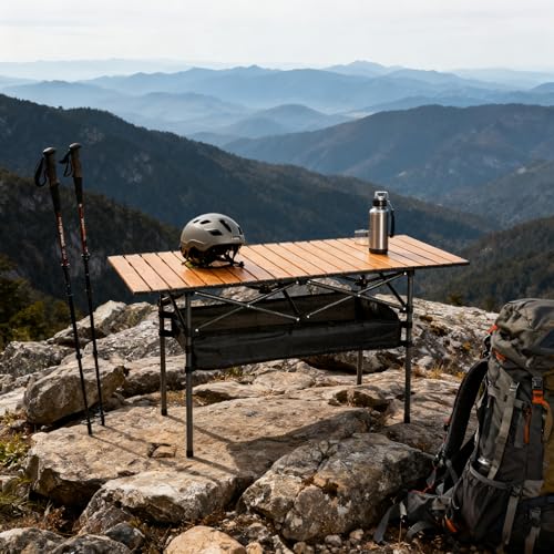 Outdoor Folding Table, 7.93LBS Ultralight Camping Table with Built-in Storage & Carry Bag, 225LBS Heavy Duty Aluminum Tabletop Carbon Steel Frame for Camping, Picnic, Beach, BBQ - color: Wood