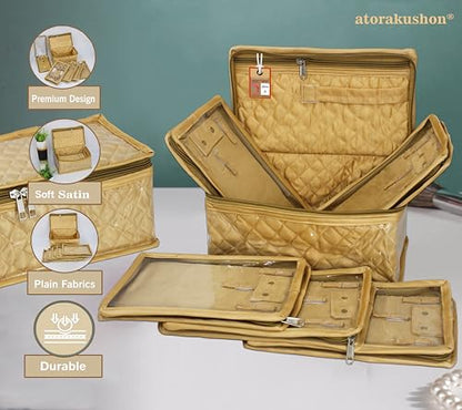 atorakushon Set of 5 Satin Makeup Pouches Cosmetic Necklace Earrings Vanity Jewellery Organizer For Women's (Golden) - color: Gold