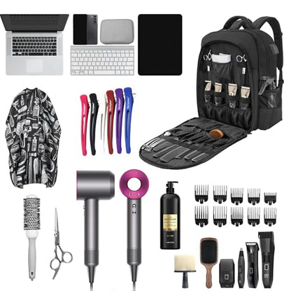 Barber Supplies Bag, Portable Backpack Bag for Clippers and Supplies, Travel Hairstylist Clipper Organizer Bag for Barber Tools with USB Port