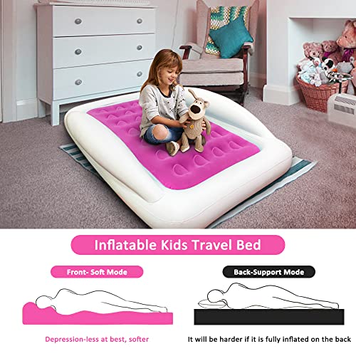 Inflatable Kids Travel Bed Toddler Air Mattress Set,Portable Blow Up Mattress Sleeping Bed Cot with Bed Rails and Electric Pump Ideal for Road Trip - color: Rose Red