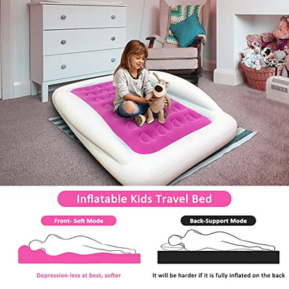 Inflatable Kids Travel Bed Toddler Air Mattress Set,Portable Blow Up Mattress Sleeping Bed Cot with Bed Rails and Electric Pump Ideal for Road Trip - color: Rose Red
