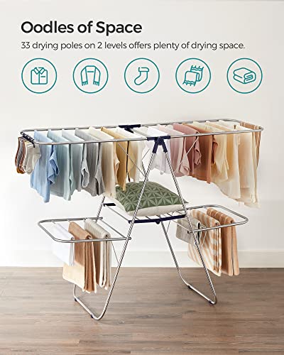 SONGMICS Clothes Drying Rack, Foldable 2-Level Laundry Drying Rack, Free-Standing Laundry Airer, with Height-Adjustable Wings, 33 Drying Rails, Sock Clips, Silver and Blue ULLR53BUV1 - color: Silver + Blue, size: 2 Tiers（22"d x 61.8"w x 64.3''h )